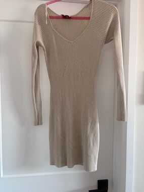 Ribbed V-Neck Long Sleeve Dress in Beige